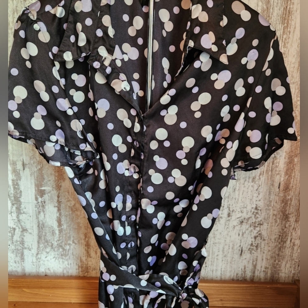 Lane Bryant Polka Dot Blouse With Matching Belt Tie Satin Purple Black Gray